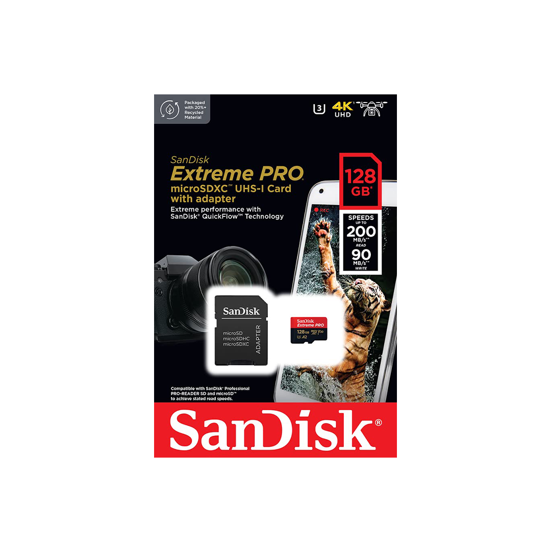 سانديسك اكستريم برو 128 جيجا microSDXC UHS-I، V30، قراءة 200 ميجابايت/ثانية، كتابة 90 ميجابايت/ثانية، بطاقة ذاكرة سانديسك اكستريم برو 128 جيجا microSDXC UHS-I، V30، قراءة 200 ميجابايت/ثانية، كتابة 90 ميجابايت/ثانية، بطاقة ذاكرة